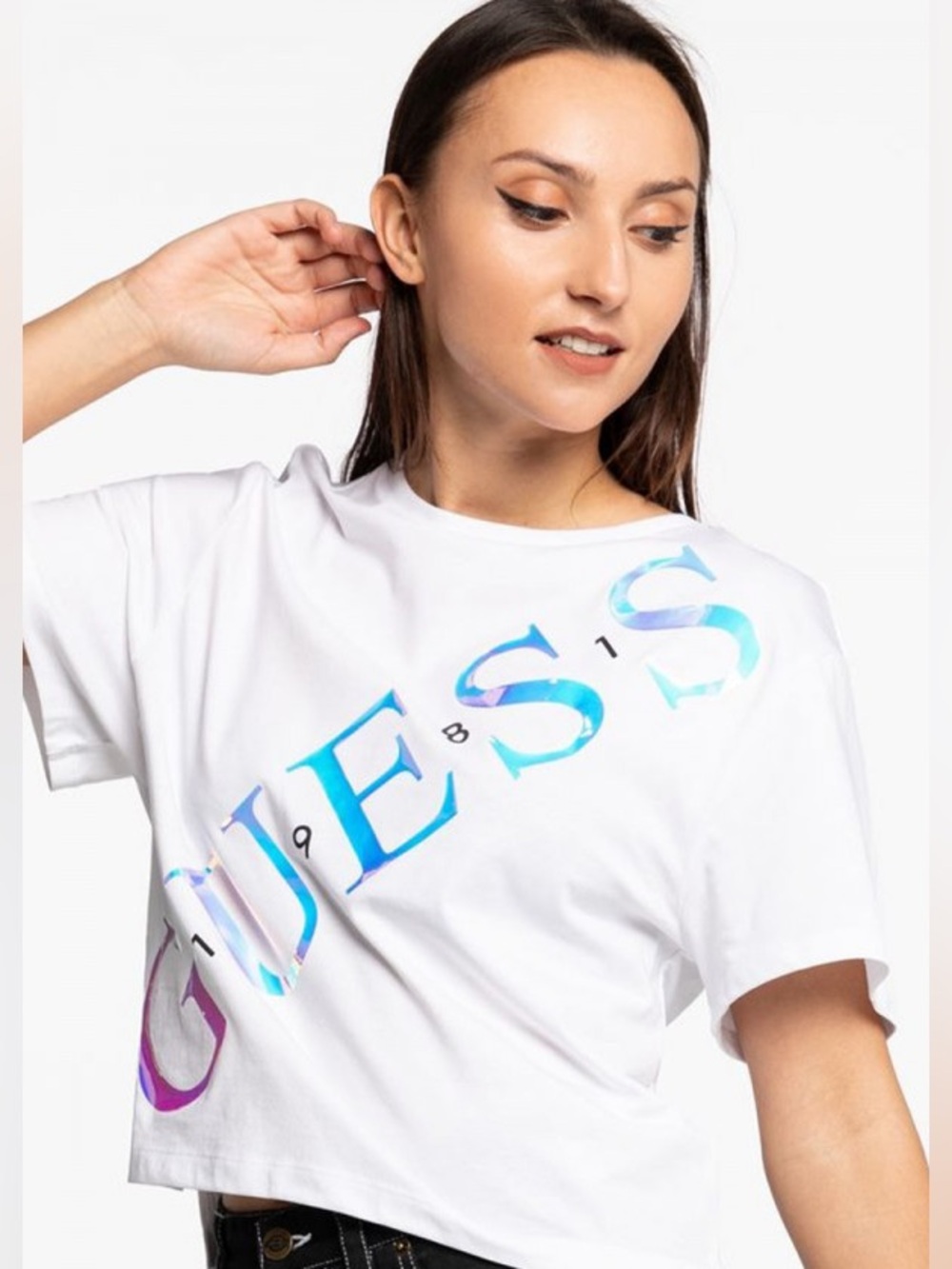 Guess White Crop Tee with Iridescent Blue-Purple Logo Size XS